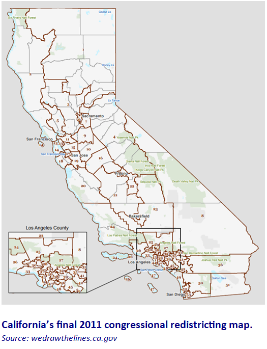  image of California's final 2011 congressional redistricting map.