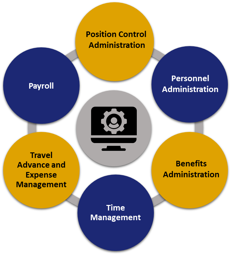 picture of a person walking up stairs that are labeled with Position Control: Manage Positions, Personnel Admin: Manage Employee Data, Benefits Administration: Elective Benefits, Time and Attendance: Manage Employee, Payroll: Prepare Payroll.